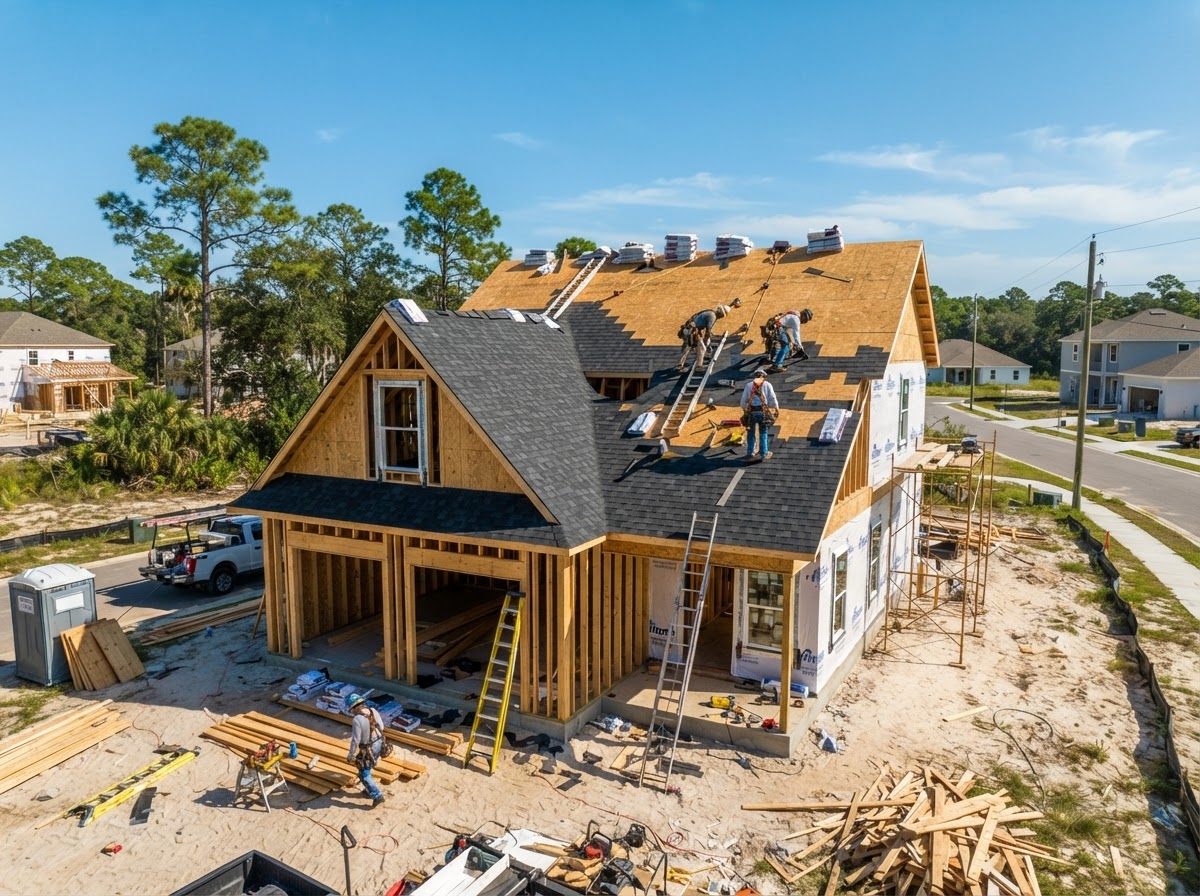 Active new home construction framing and roofing on a residential lot near Milton Florida