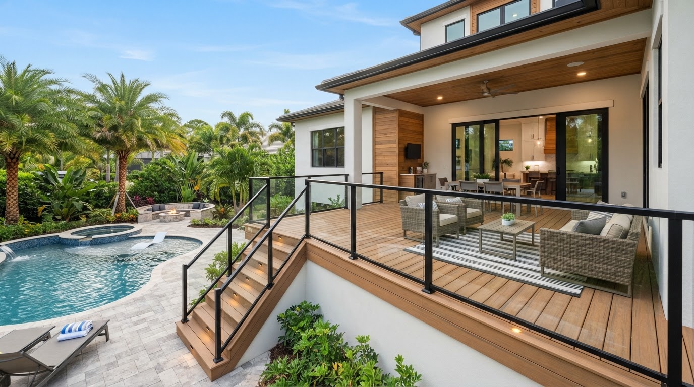 Professionally built residential deck with railing and stairs connecting to a backyard near Milton, Florida