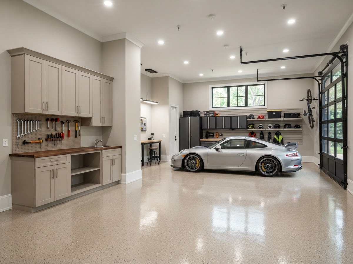 Clean professionally finished garage interior with painted walls, organized storage, and good lighting near Milton, Florida