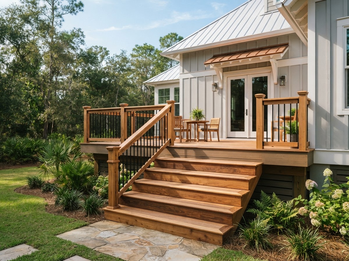 Professionally built residential backyard deck with railing and stairs in Milton Florida