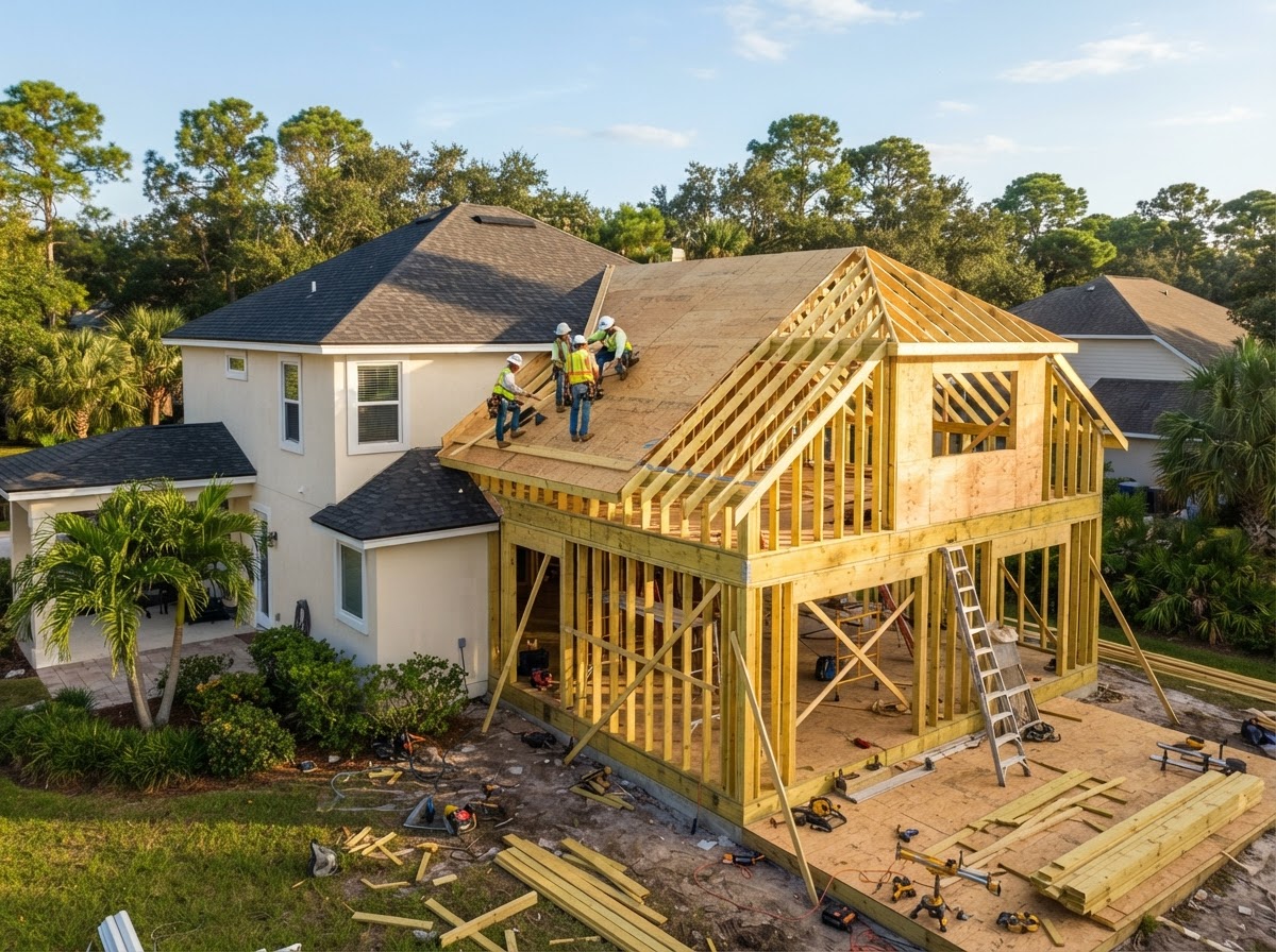 Residential home addition under construction integrated into an existing house near Milton Florida
