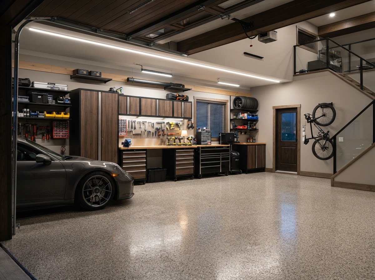 Residential workshop garage interior with workbenches, tool storage and finished walls near Milton, Florida