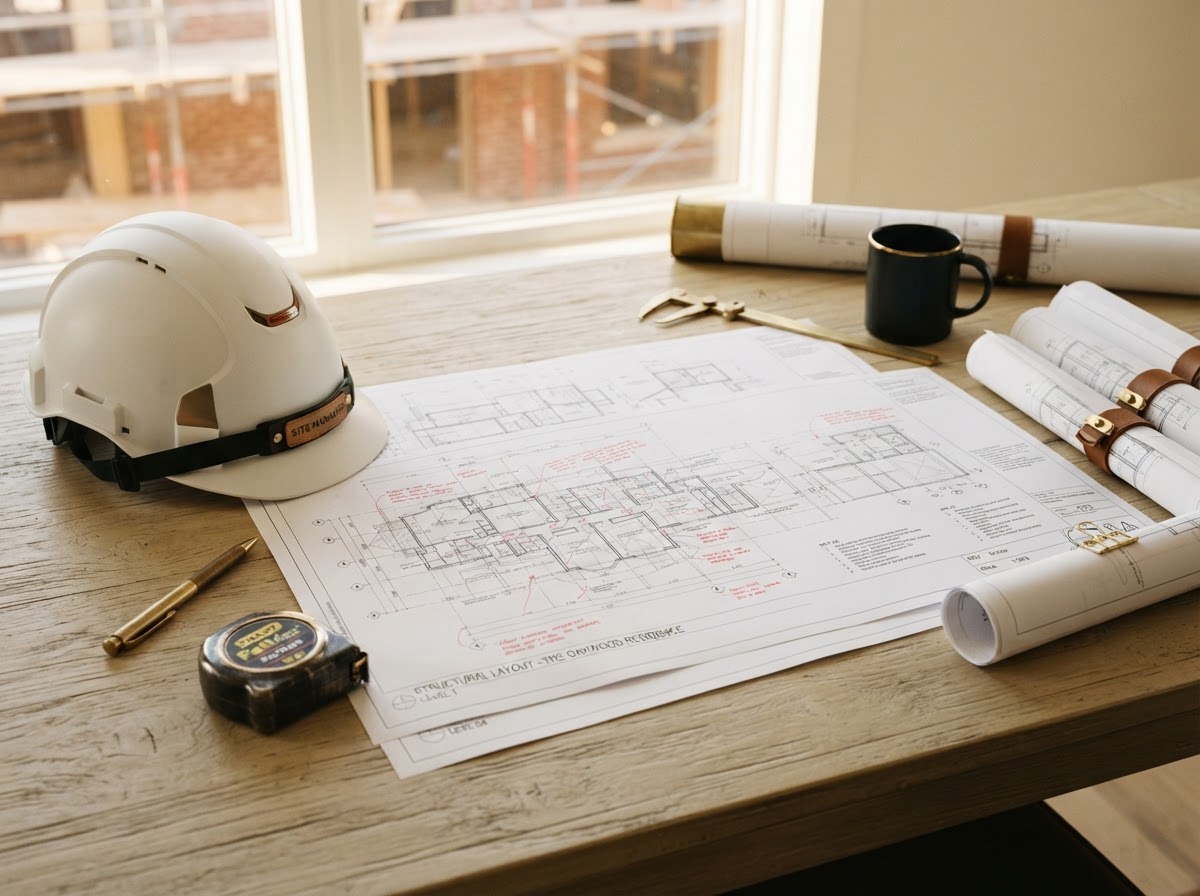 Residential construction planning blueprints and contractor tools near Milton Florida