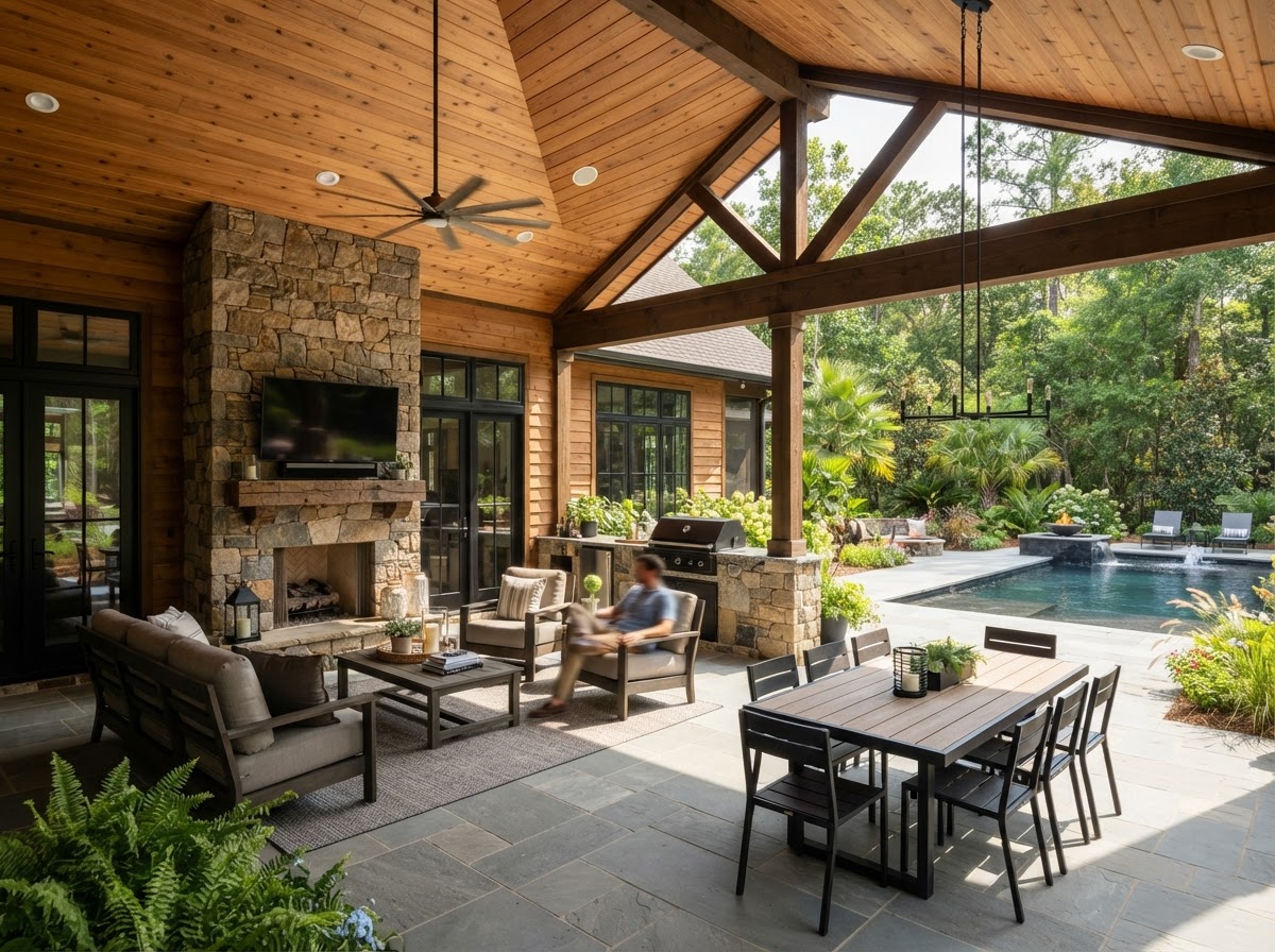 Integrated outdoor living environment with covered porch patio and seating near Milton Florida