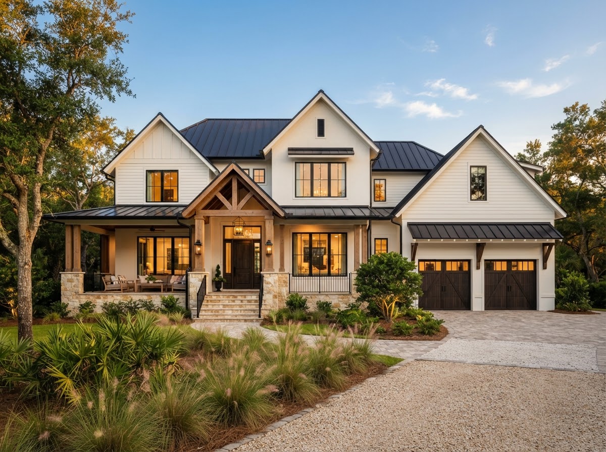 Distinctive completed custom luxury residence with dark architectural accents near Milton Florida