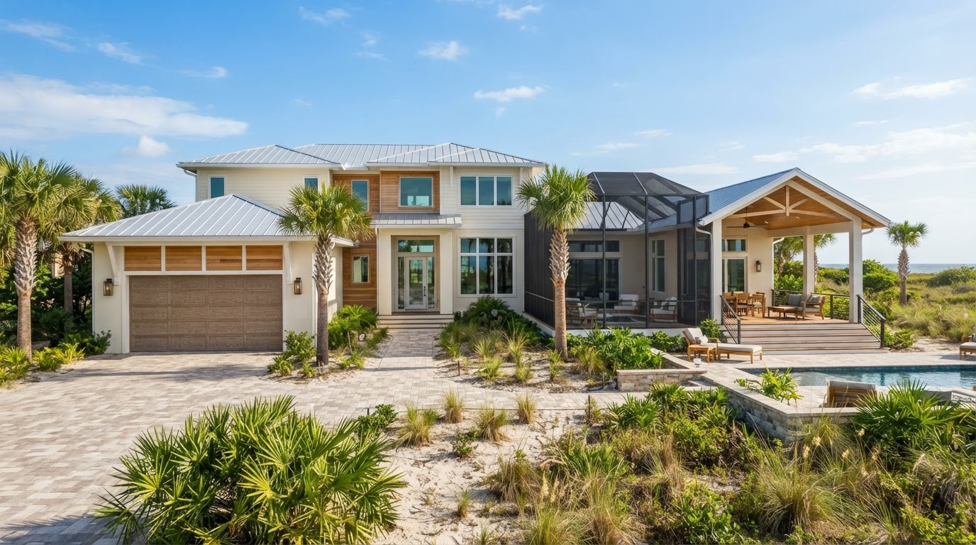 Custom single-family residence with modern coastal-Florida architecture, attached garage, and screened outdoor living area near Woodlawn Beach, Santa Rosa County, Florida
