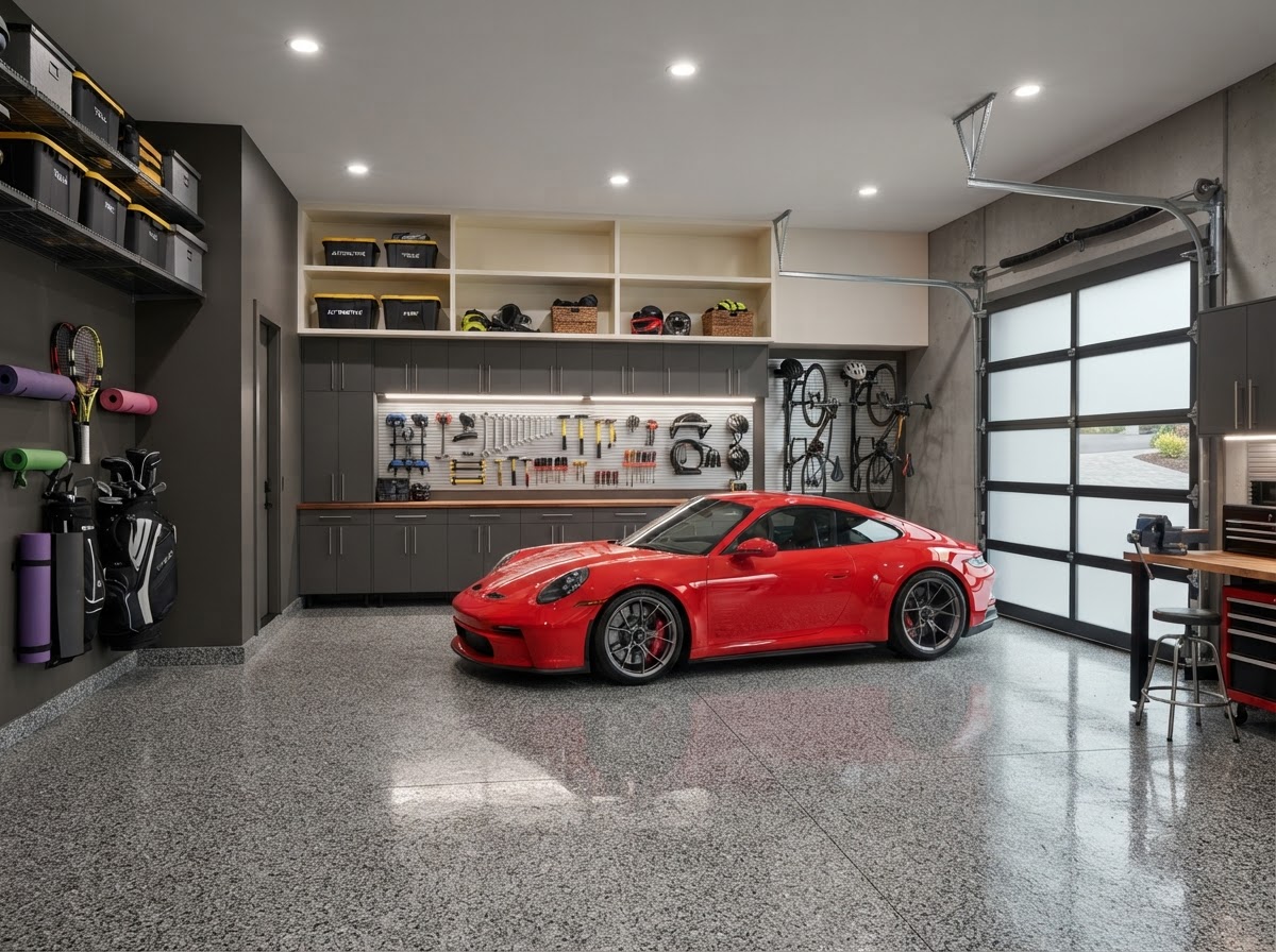 Upgraded remodeled garage interior with improved layout, modern storage, and new lighting near Milton, Florida