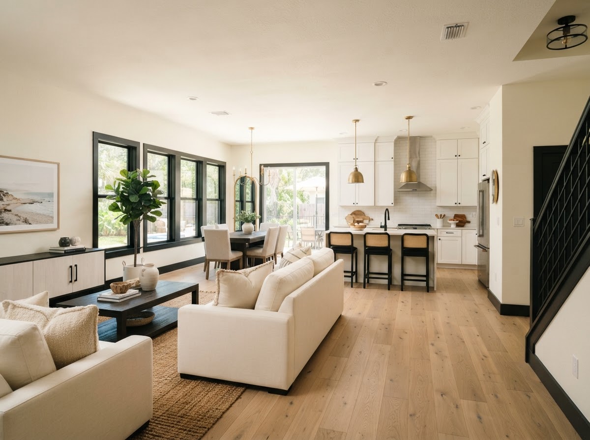 Whole home interior remodeling project with new flooring trim and lighting in Milton Florida