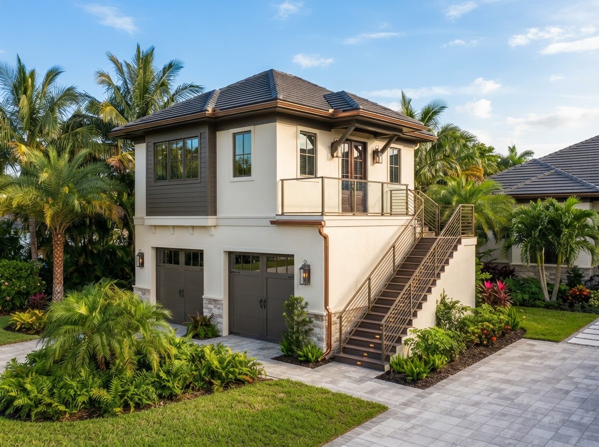 Freestanding detached garage with an upper-level living quarters and exterior staircase near Milton, Florida