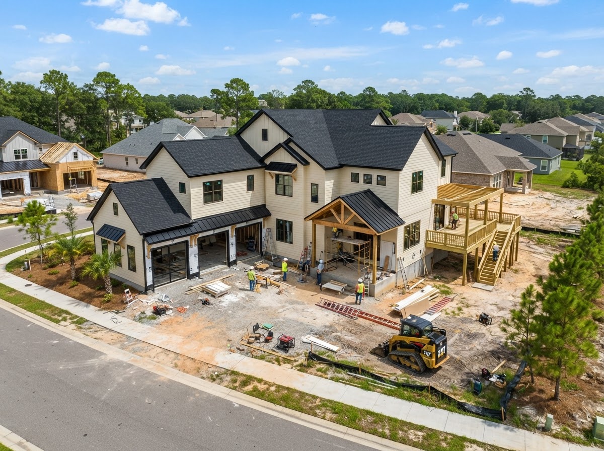 Large modern single-family custom home with multi-bay attached garage, covered entry, and rear deck under construction in Pace, Florida