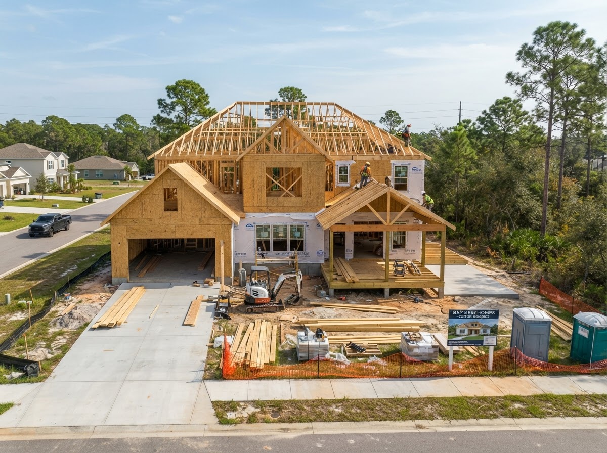 Custom two-story single-family home with attached garage, custom deck, and screened porch extending from the rear near Ensley, Escambia County, Florida