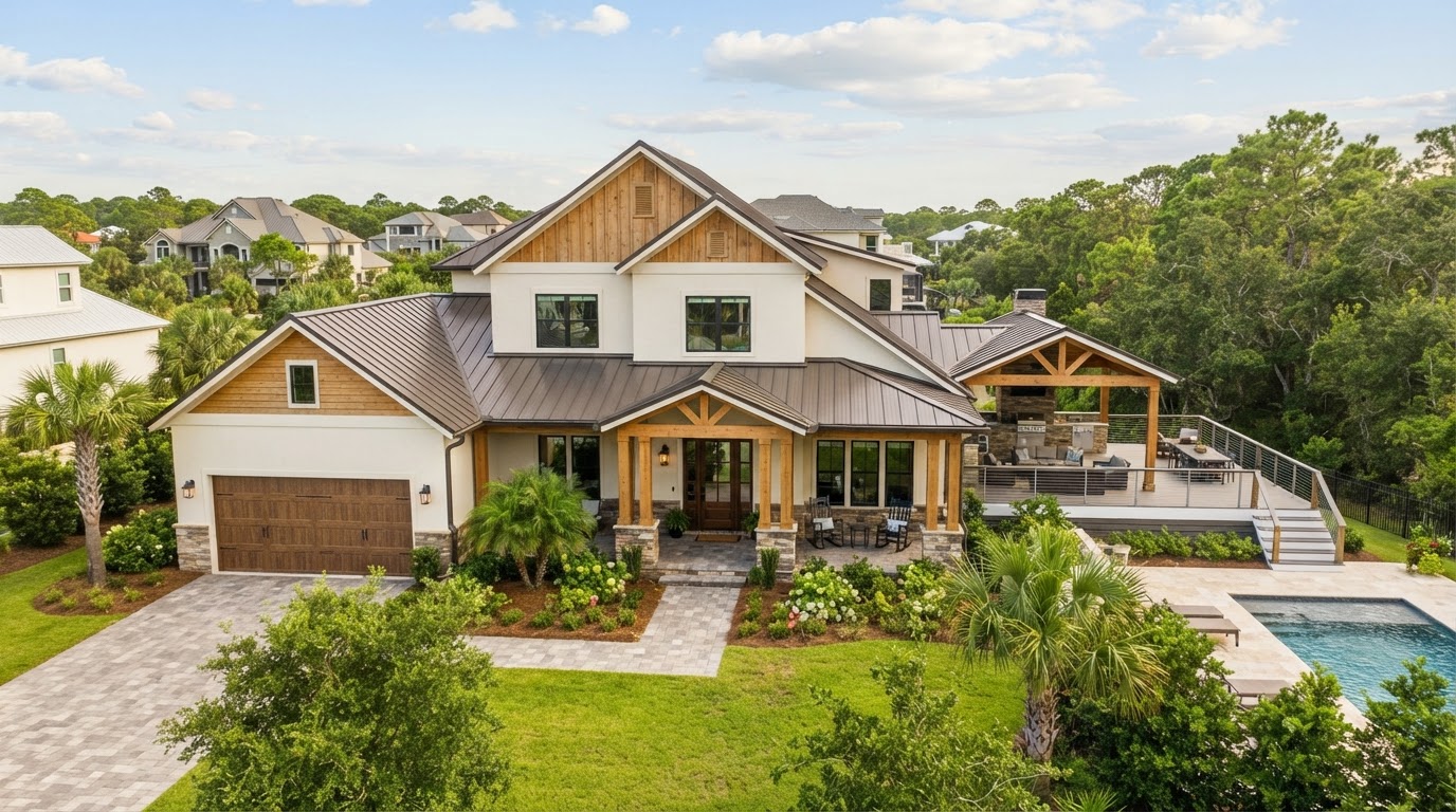 Custom single-family home with attached garage, covered front porch, and custom rear deck on a residential lot in Midway, Santa Rosa County, Florida