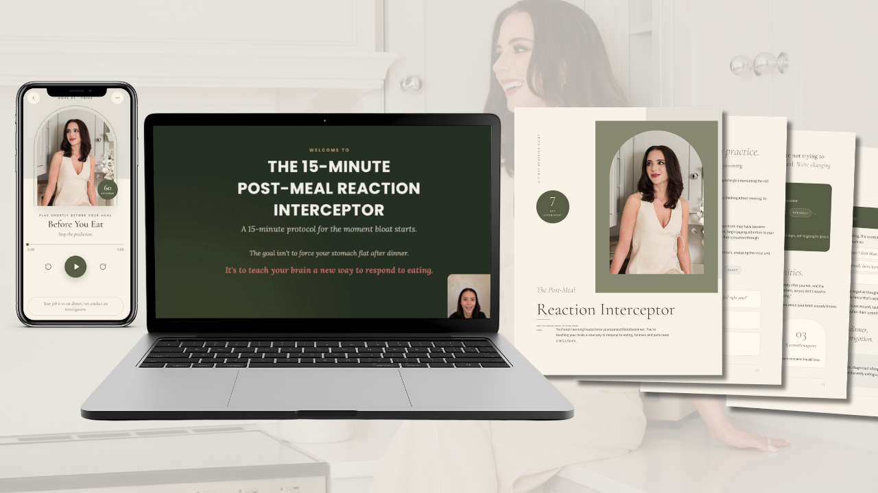 The 15-Minute Post-Meal Reaction Interceptor deliverables: 60-second audio on phone, video training on laptop, and step-by-step PDF guide