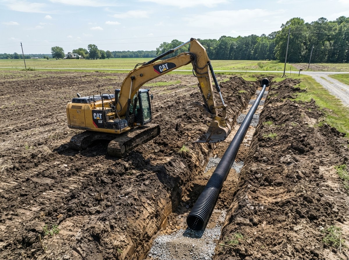 Excavator installing drainage pipe in a trench on rural farmland