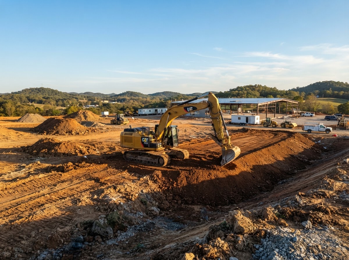 Modern excavator grading and preparing a commercial site