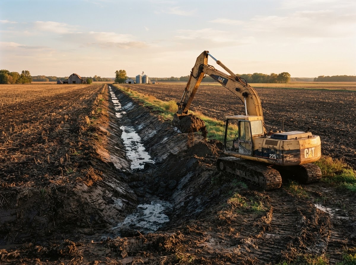 Hydraulic excavator performing ditch excavation on agricultural land