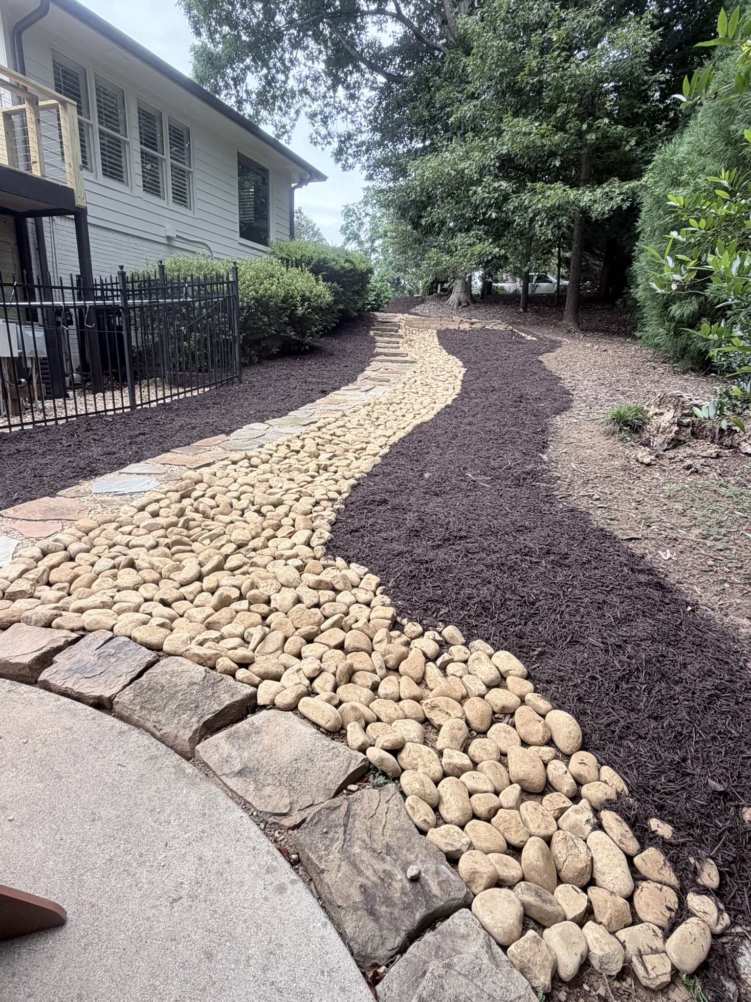 River Rock Dry Creek Bed Drainage & Stone Walkway