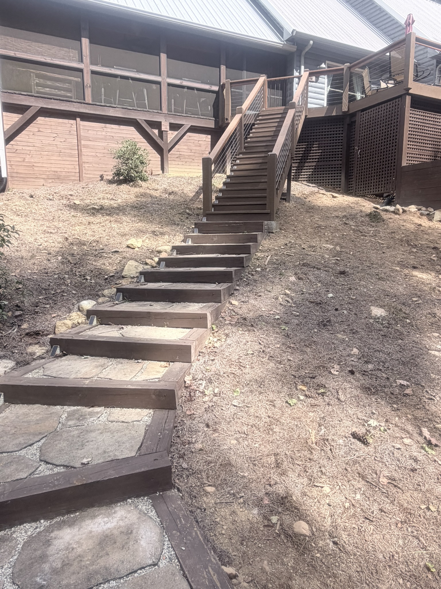Timber & Flagstone Garden Staircase to Screened Mountain Porch