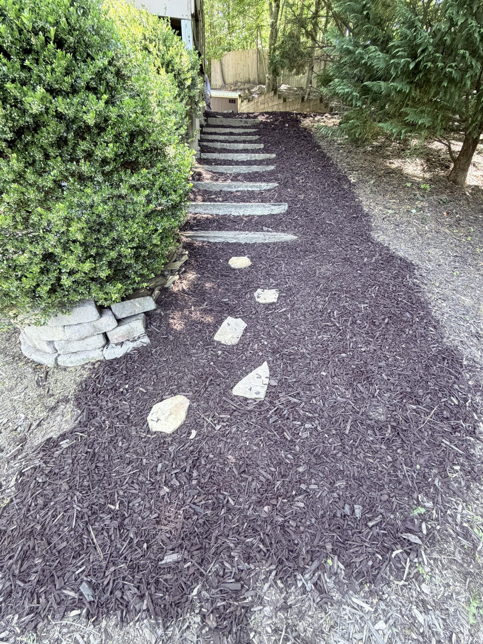 Landscaping Timber Steps, Mulching & Stone Garden Pathway