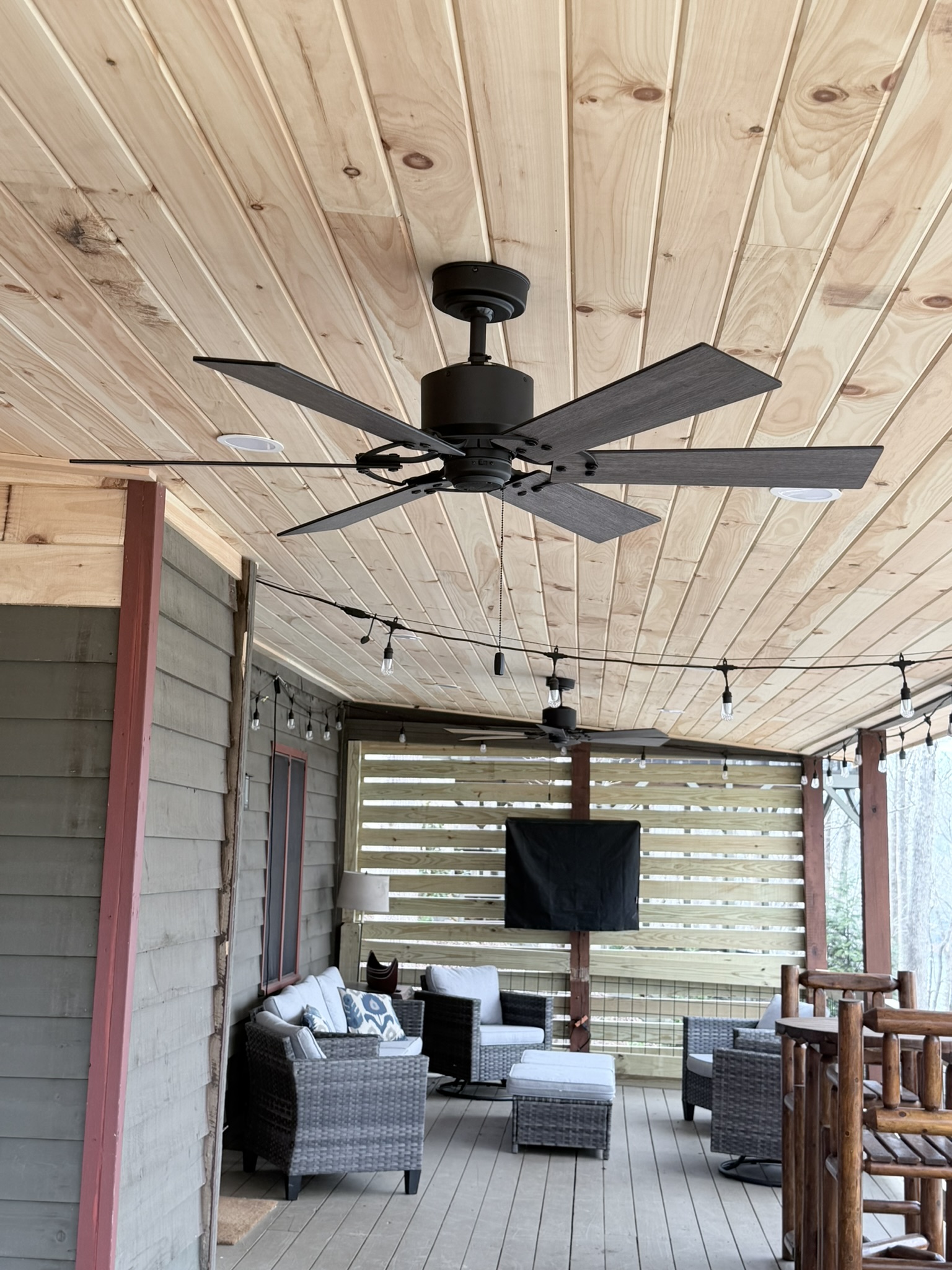 Finished Tongue-and-Groove Pine Porch Ceiling with Modern Fans