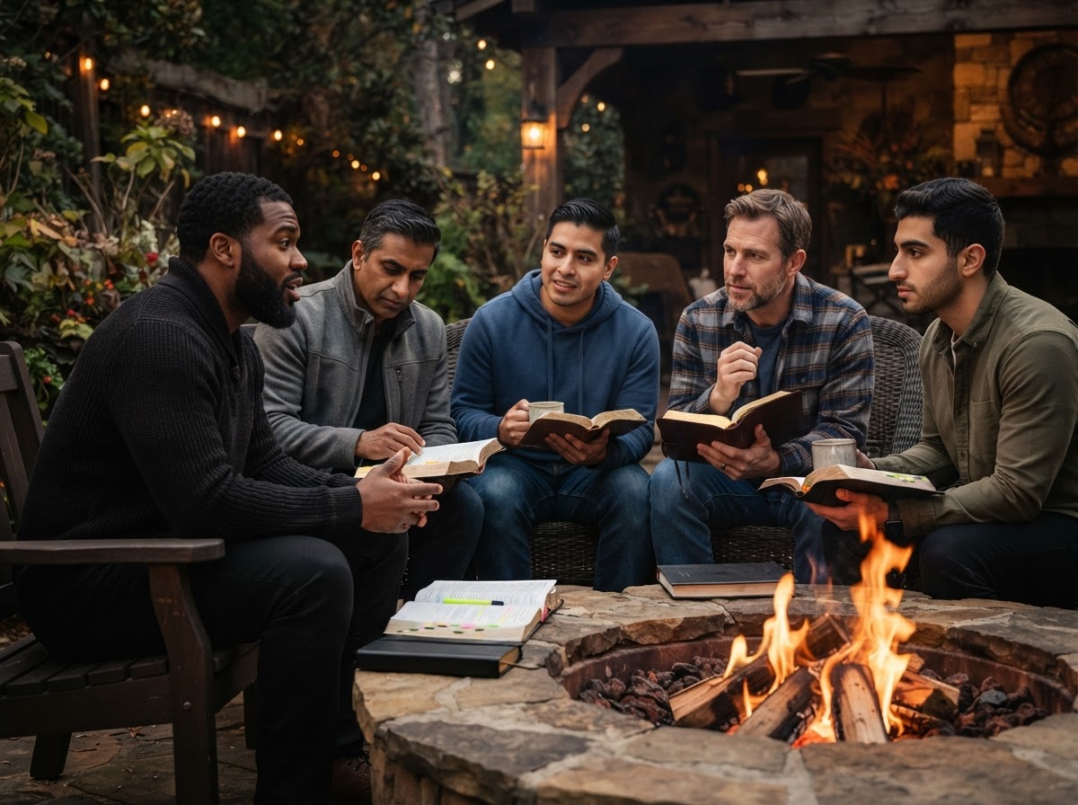 Christian men gathered around fire pit with Bibles in real brotherhood and accountability