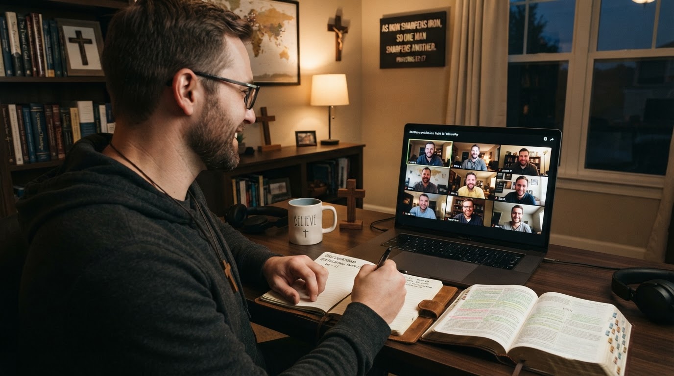 Modern Christian men participating in live interactive Tuesday Men Talks online brotherhood gathering