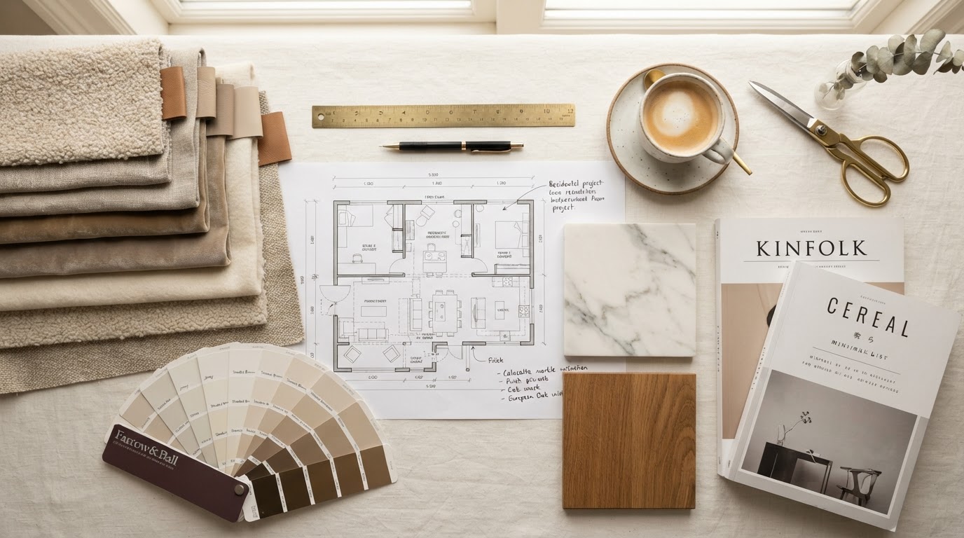 Interior design materials, finish samples, and architectural plans arranged on an ivory surface
