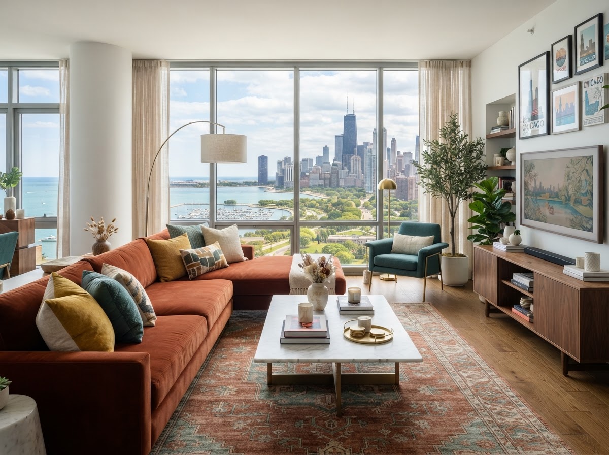Designed Chicago condo interior with skyline view