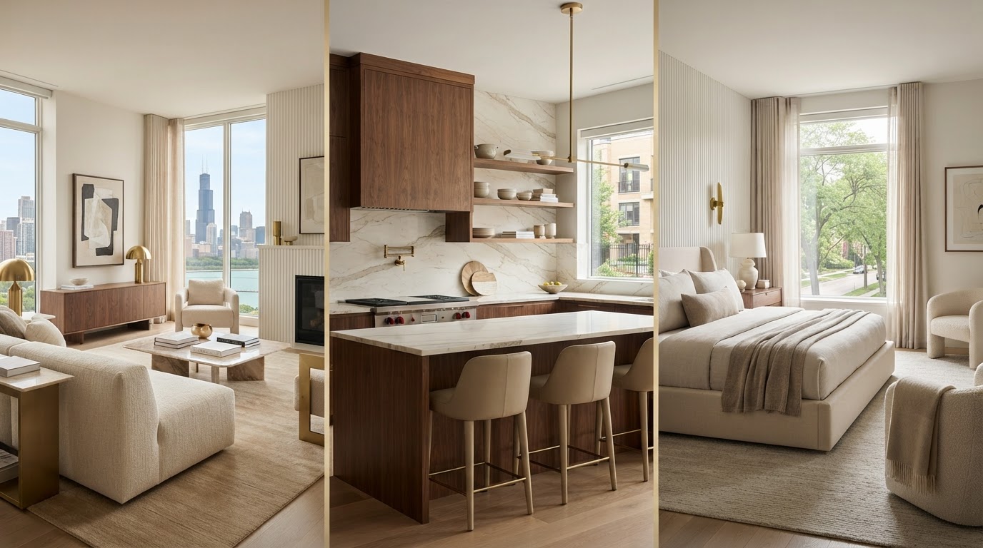 A vertical multipanel study of Chicago residential interiors — living room, kitchen, bedroom, and home office
