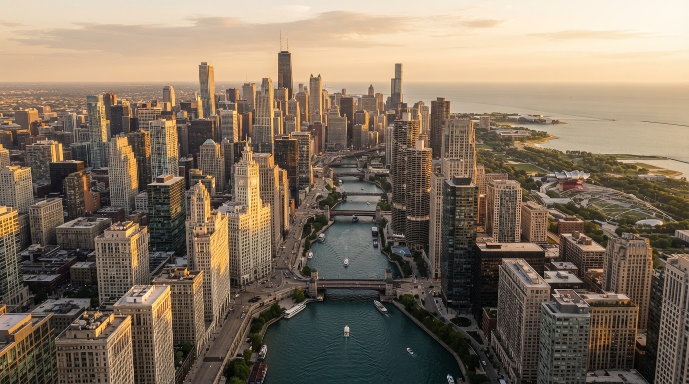 Aerial drone view of the Chicago skyline, river, and downtown architecture at golden hour