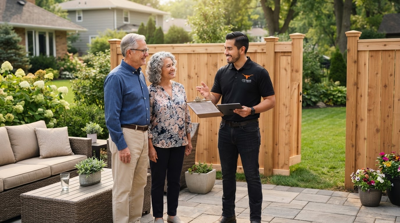 A stylish, confident Latino Mexican The Ranch Fence Supply advisor in a black polo shirt with the official The Ranch Fence Supply logo on his chest, advising an older couple on their backyard patio