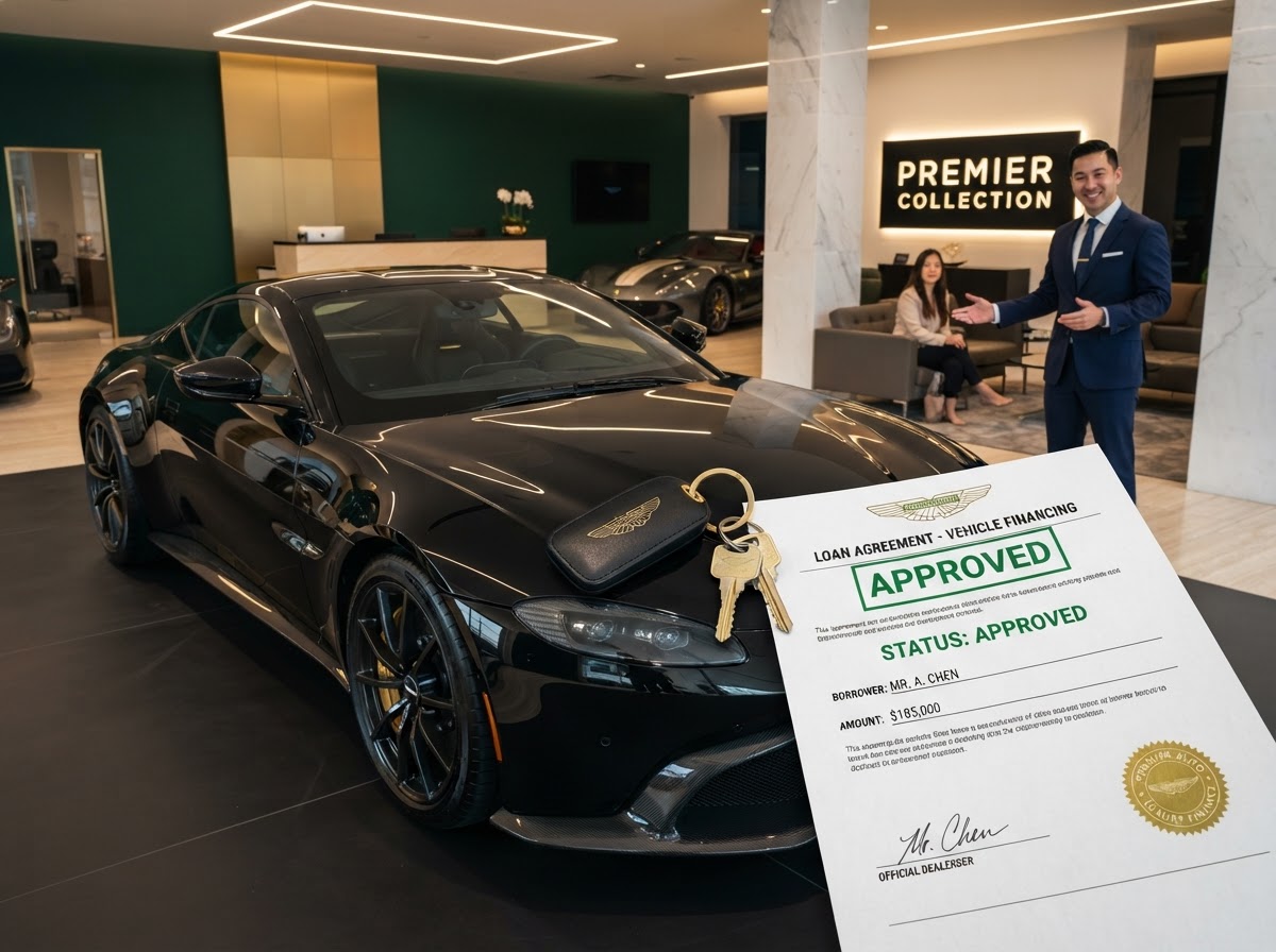 Luxury sports car with approved loan document representing auto financing