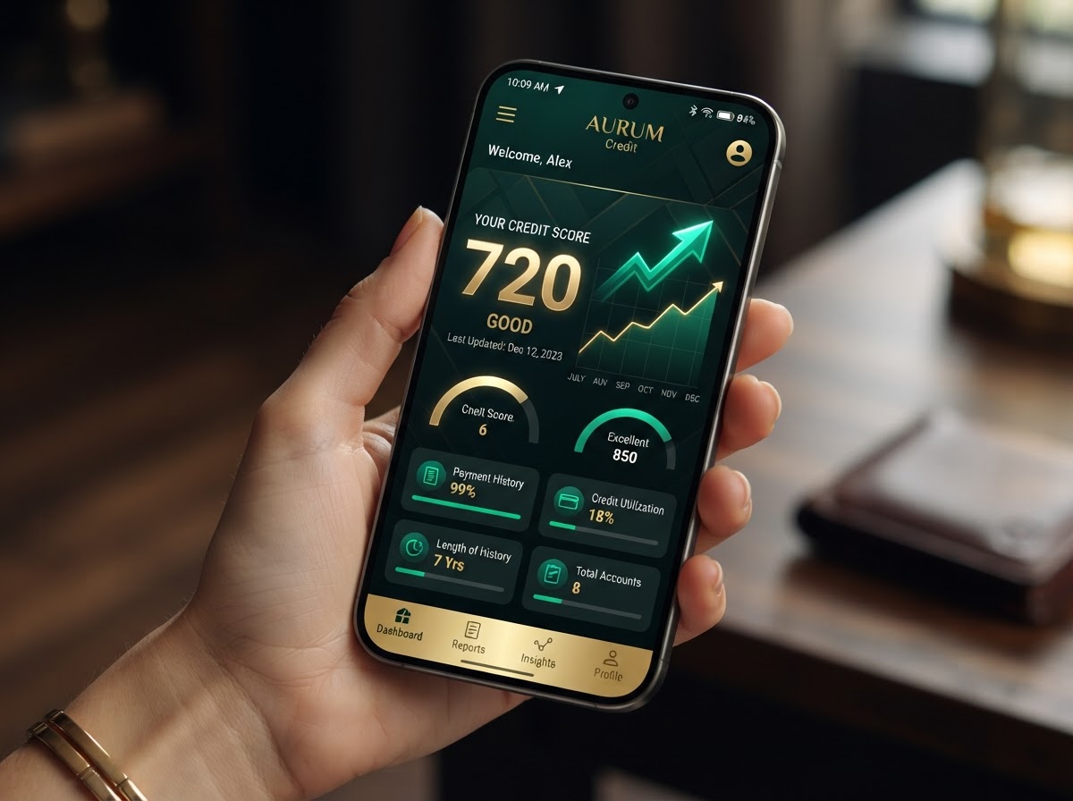 Credit score dashboard showing 720 with upward trending arrow