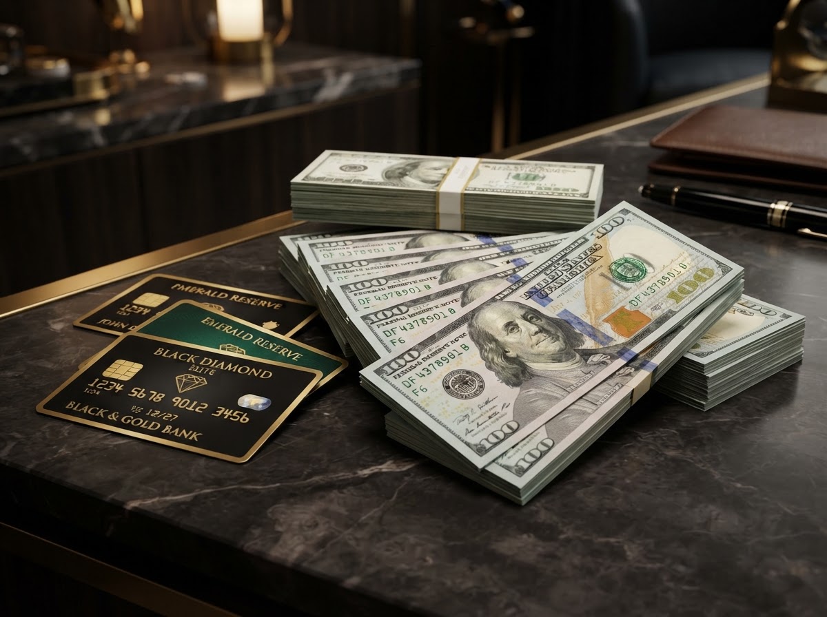 Stacks of cash and premium credit cards representing funding access