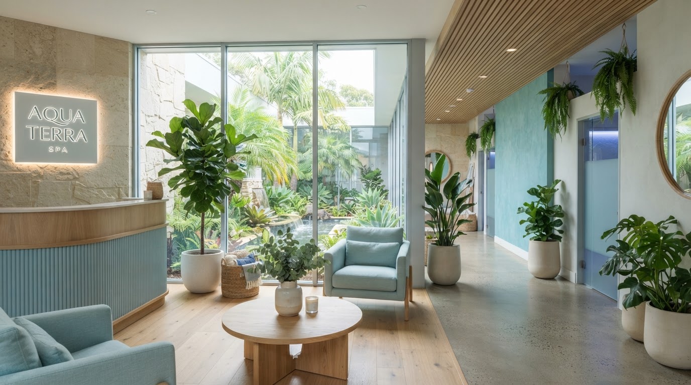 Serene day spa interior with ocean blue tones