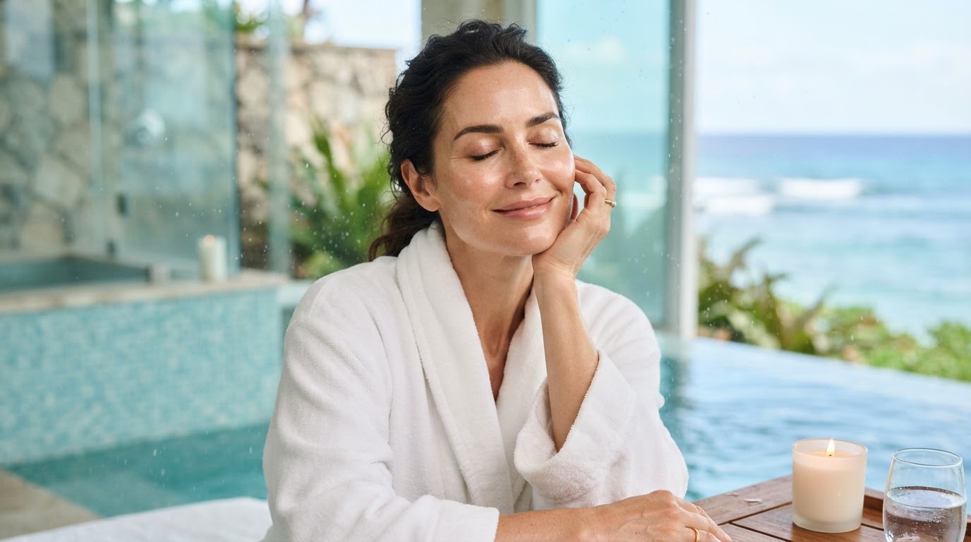A radiant woman with glowing skin in soft spa lighting