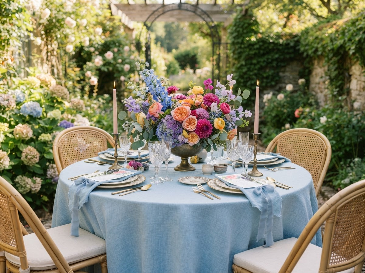 Intimate round table styled for a women's garden brunch with vibrant florals and candles