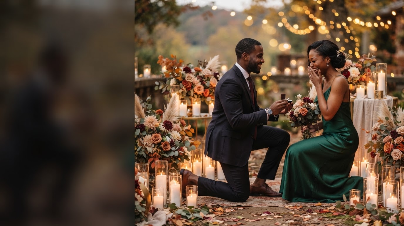 A Black couple in a candlelit autumn marriage proposal moment surrounded by warm fall florals and golden bokeh
