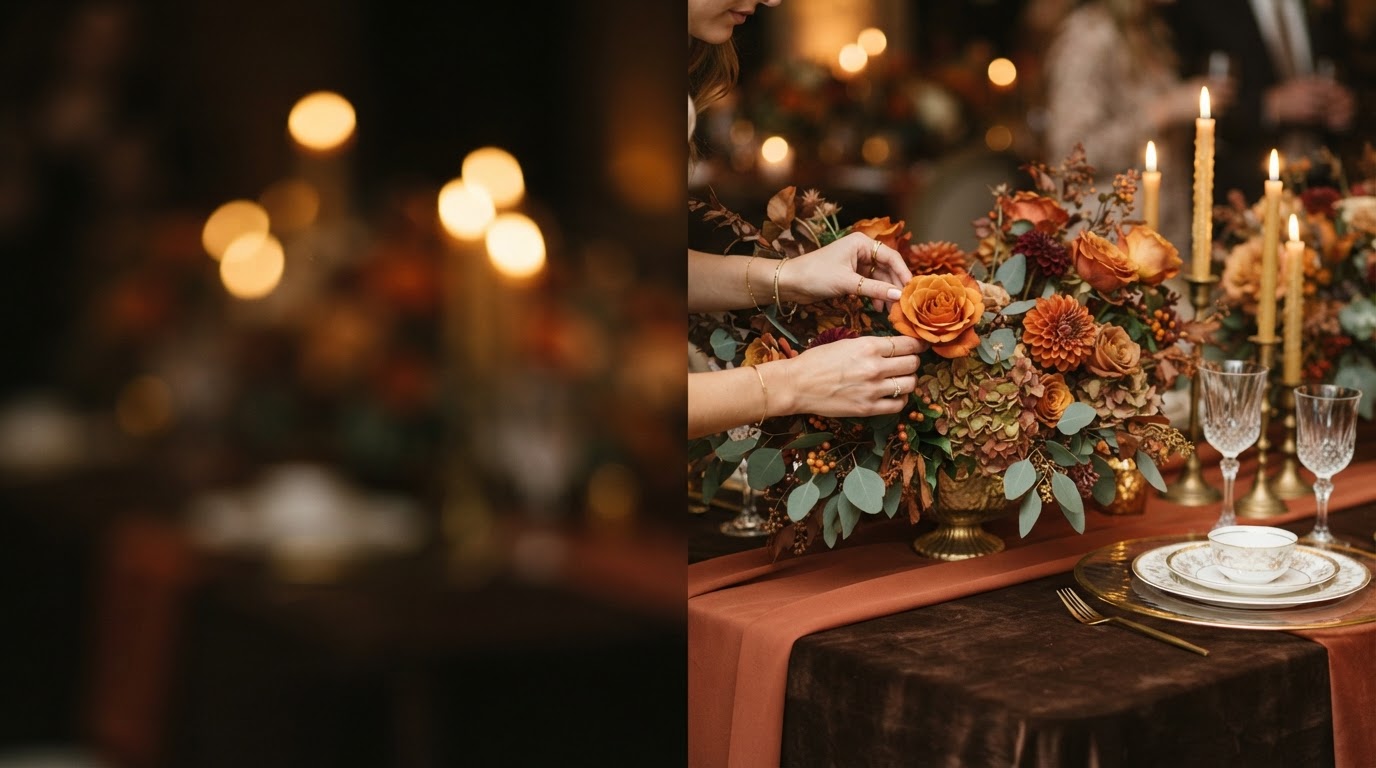 Close-up detail of luxury autumn place settings with gold flatware, taper candles and velvet linens