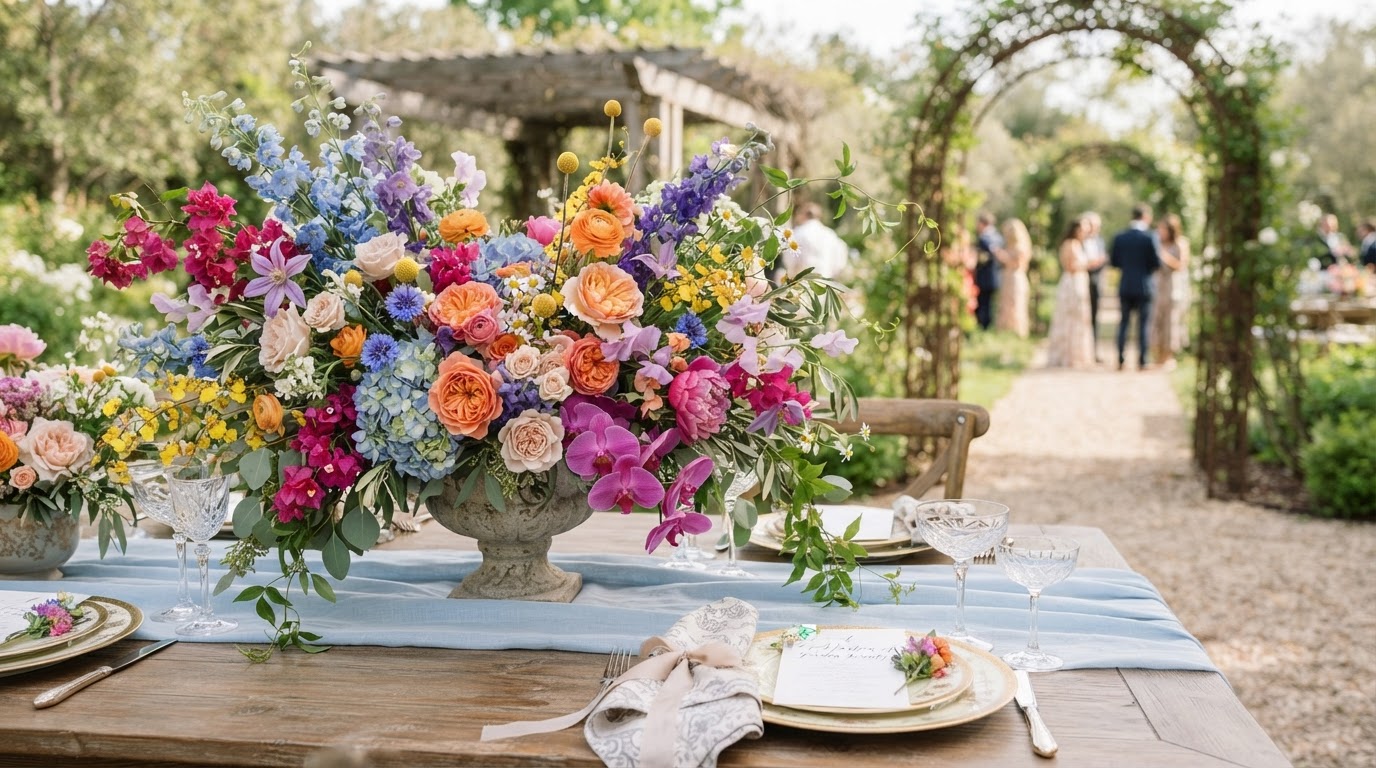 Lush floral arrangement in blue, violet, coral, and fuchsia for a luxury women's garden event