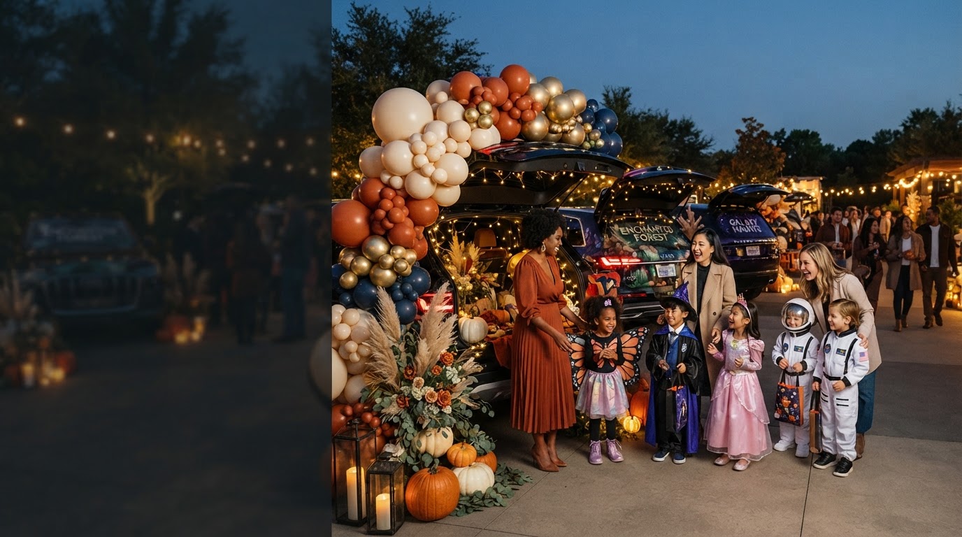 A diverse group of families with children enjoying a stylishly decorated fall festival and trunk-or-treat event