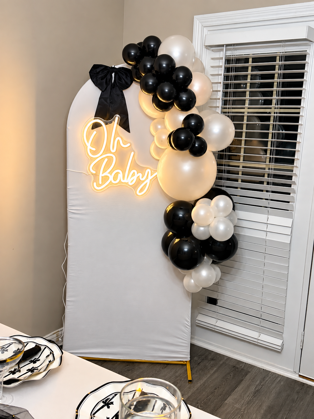 'Oh Baby' Warm Neon Glow with Balloon Art & Bow Accent