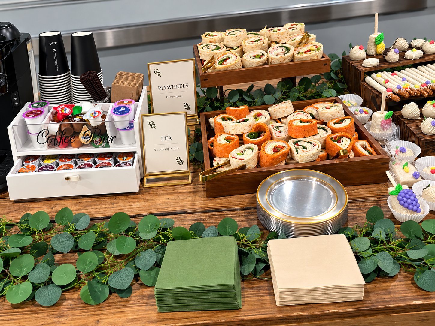Hospitality Coffee Bar, Fresh Pinwheels & Themed Framed Signage