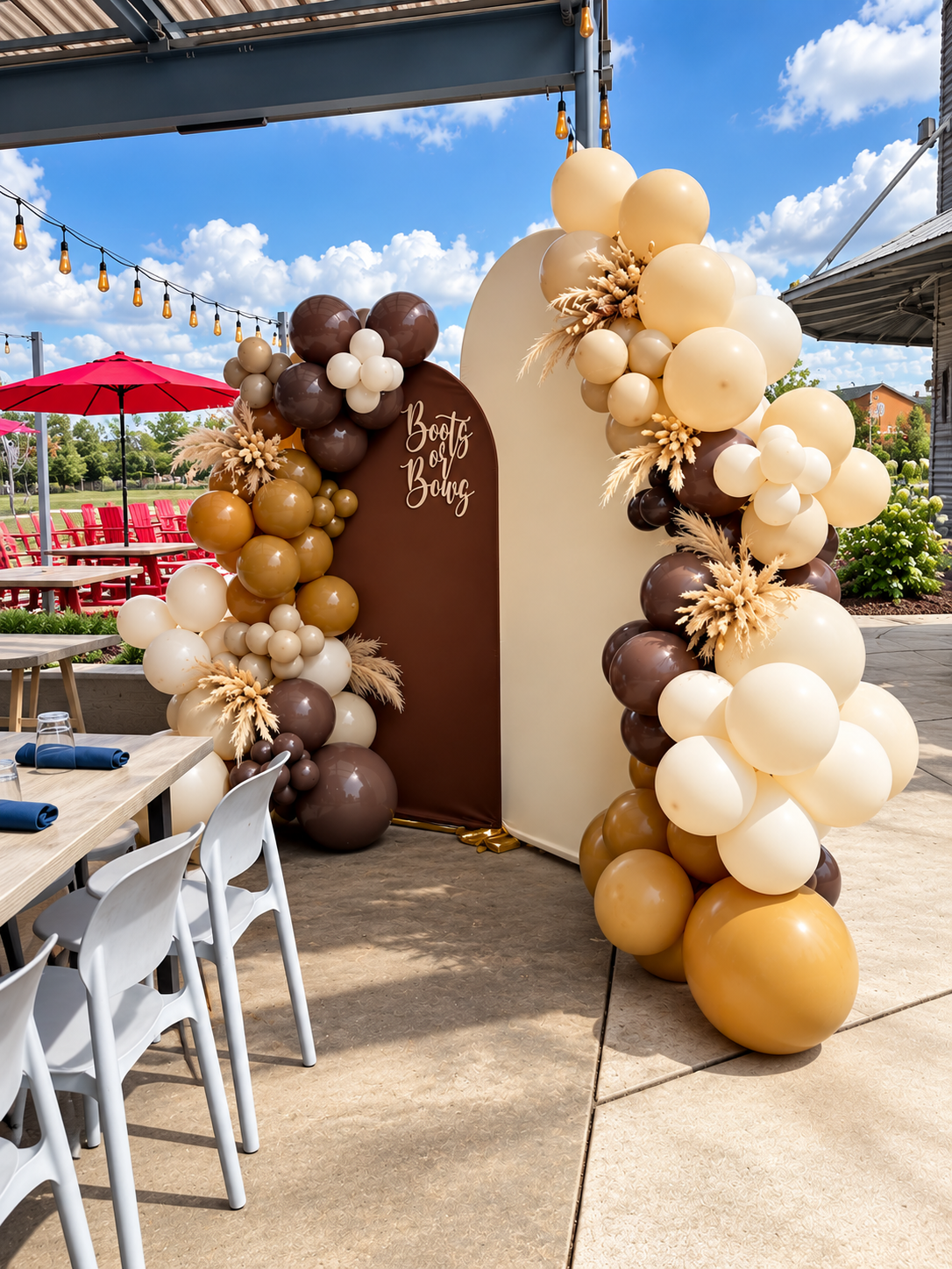 Boots or Bows Western Gender Reveal Backdrop with Organic Balloons and Pampas