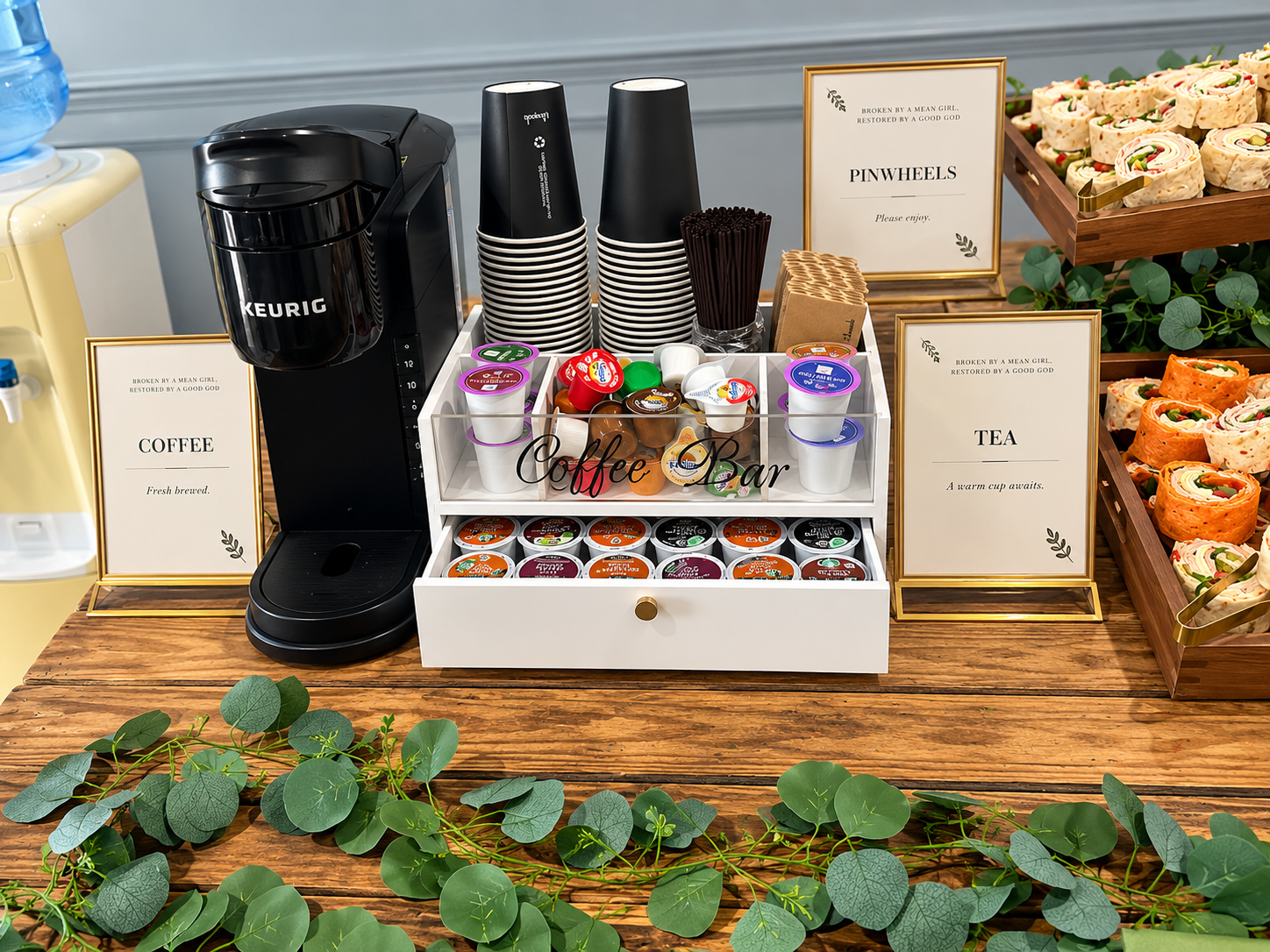 Styled Coffee & Tea Station with Custom Gold-Framed Signage