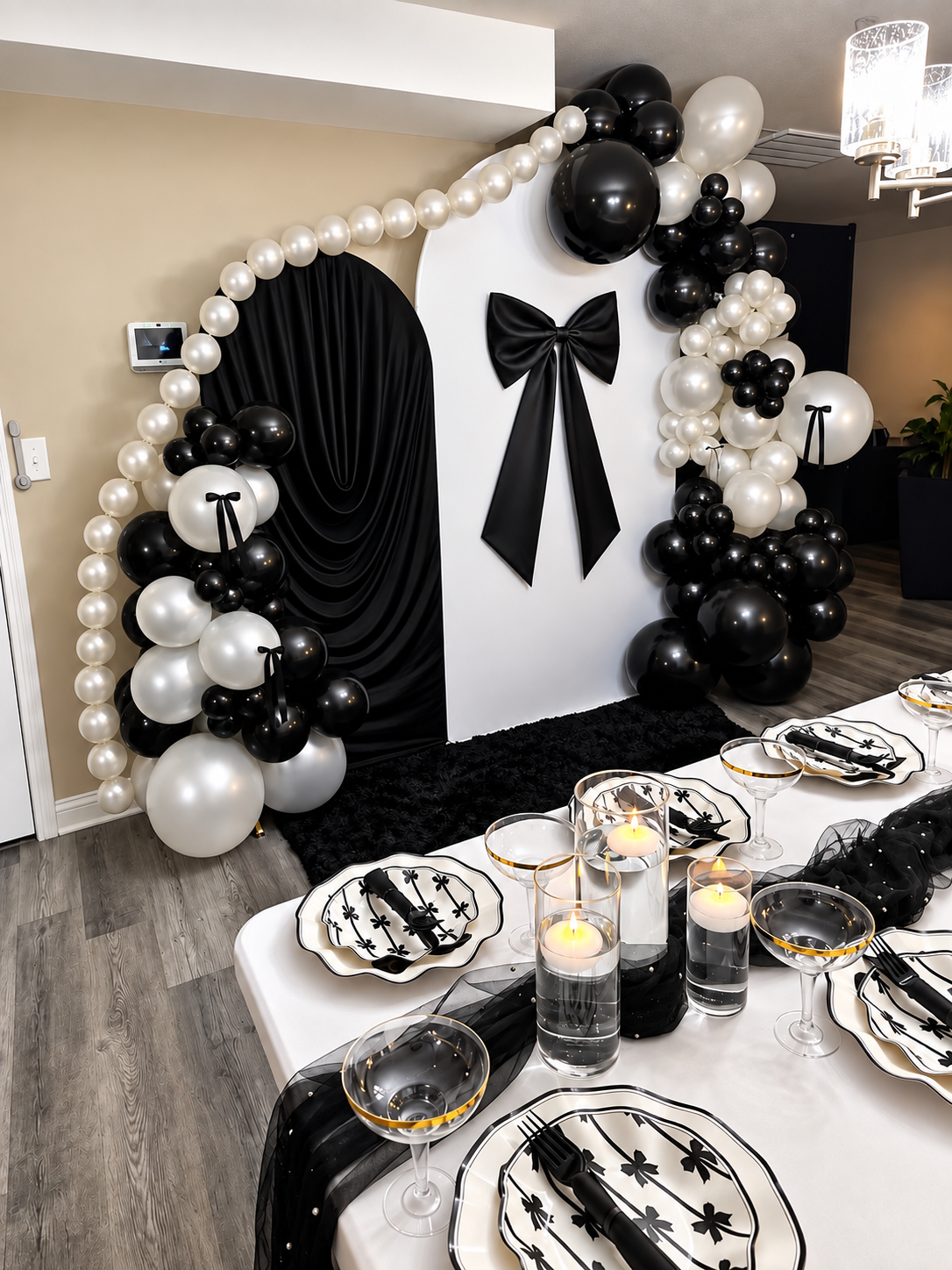 Full Room Perspective — Intimate Tablescape & Dual Arched Installations