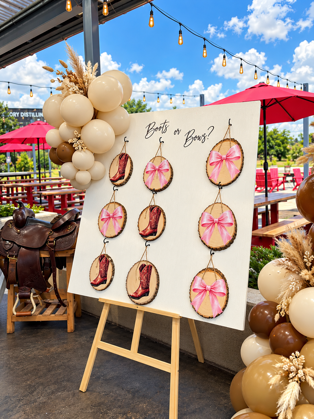 Interactive 'Boots or Bows?' Prediction Board with Hand-Painted Wood Slices