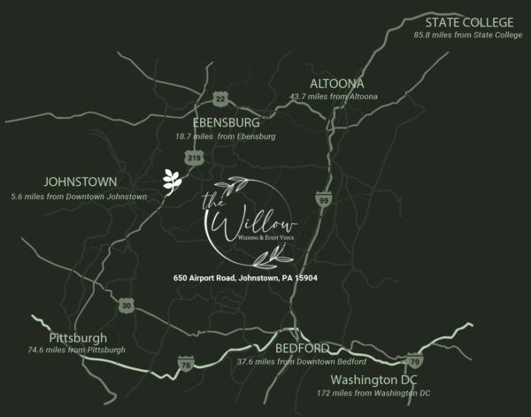 Regional map showing driving distances to The Willow in Johnstown, PA from Pittsburgh, Altoona, Bedford, State College, and DC