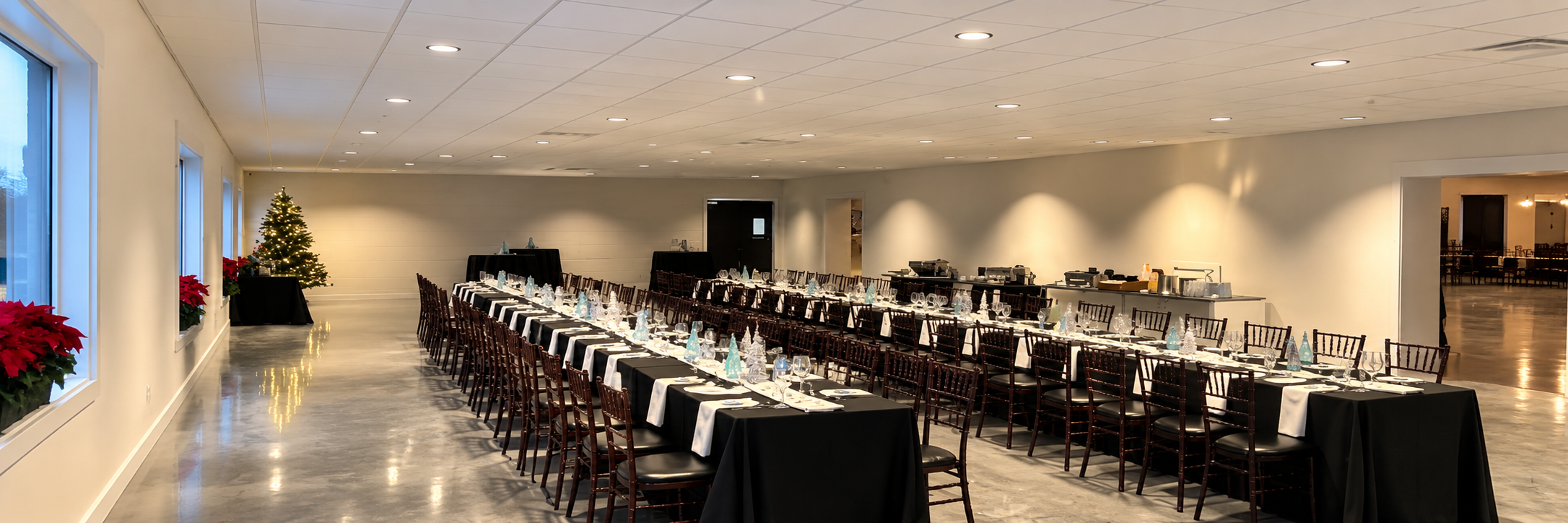 High definition panoramic view of elegant dining tables set for corporate and social events at The Willow