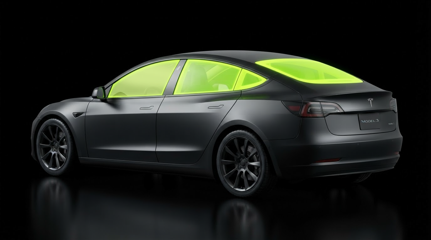 3D Tesla Model 3 showing covered side and rear windows highlighted in neon green